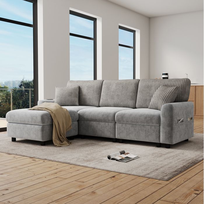 Canapé modulable 4 places gris 223 x 146 x 84 cm avec pouf 2 coussins ports USB et Type-C