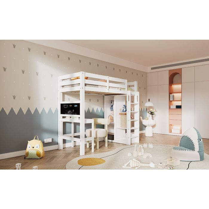 Modenuit Lit mezzanine enfant 90x200 cm avec bureau penderie ouverte étagères tableau noir blanc
