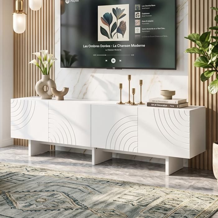 Meuble TV 170cm Lowboard pour Salon - 4 Portes - Motif Arc Géométrique - Grand Espace de Rangement - En MDF et Bois Composite Blanc