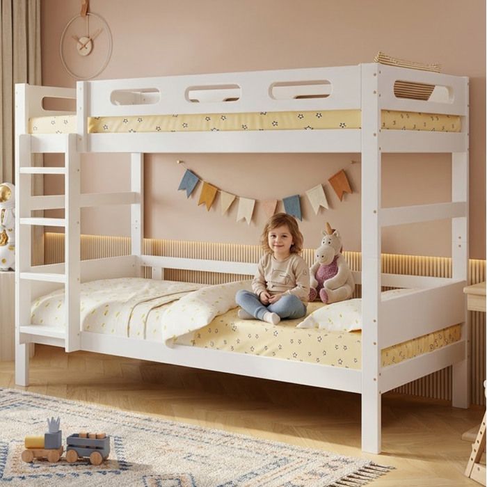 Modenuit Lit superposé enfant 90 x 200 cm blanc avec échelle fixe barrière de sécurité et sommier à lattes