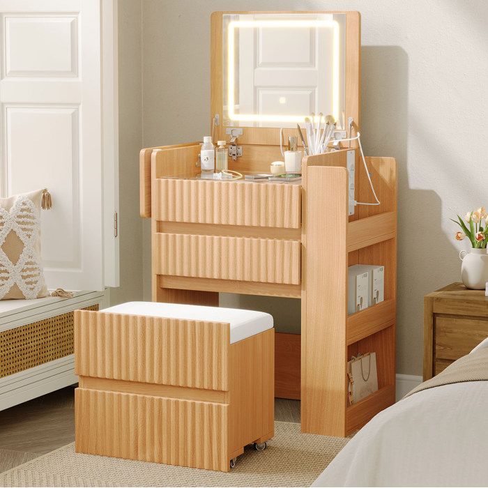 Coiffeuse compacte EVRYAE 79 x 40 x 120 cm avec miroir LED rabattable 3 tiroirs et tabouret a roulettes