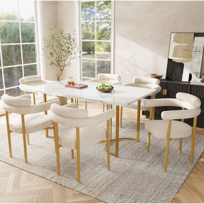 Chaise de Salle a Manger Lot de 6 avec Accoudoirs - TCQPZ - Assise Rembourree en Metal Beige et Dore 70 × 62 × 85 cm