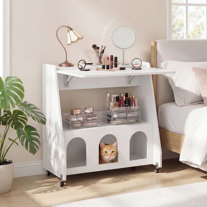 Bureau Pliable Mobile 79×58×80cm COSTWAY - Roulettes Freinées Niche pour Chat Rangements Multi-Compatiments Charge Totale 100kg