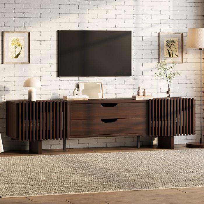 Meuble TV en noyer foncé 180×40×45 cm avec dispose de deux tiroirs et de portes Darmoires uniques  meuble TV bas pour salon
