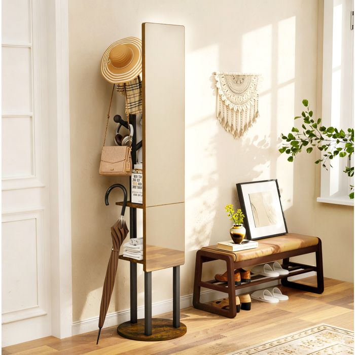 Miroir simple avec Portemanteau Pivotant 360 degres et Crochets en Acier et Panneaux Noir Marron 40 × 40 × 174 cm
