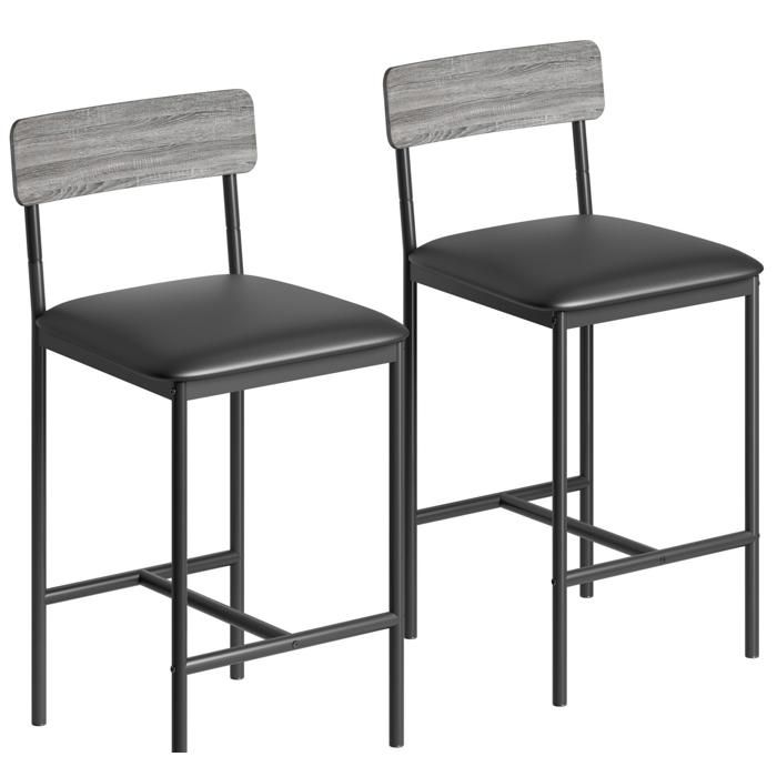 Lot de 2 tabourets de bar avec dossier : assise rembourrée en simili-cuir repose-pieds pour cuisine et salle à manger gris