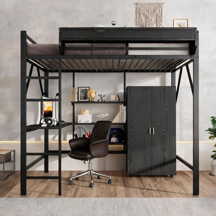 Lit mezzanine enfant 140x200 cm métal et MDF black-toned avec rangement sous bureau étagère et armoire