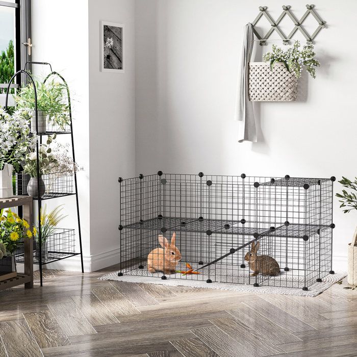 Enclos modulable petits animaux 146×73×73cm noir acier 2 niveaux 36 panneaux bords arrondis