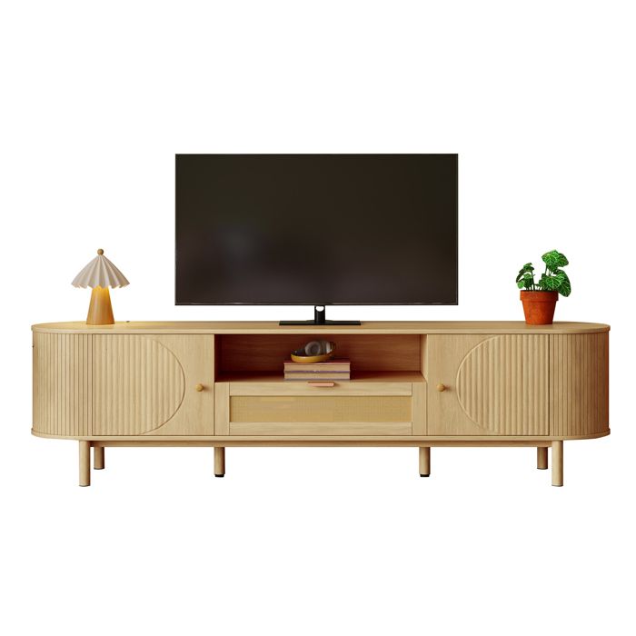 Meuble TV tiroirs en rotin étagères ouvertes plateau aux angles arrondis couleur bois 175 × 36 × 51 cm