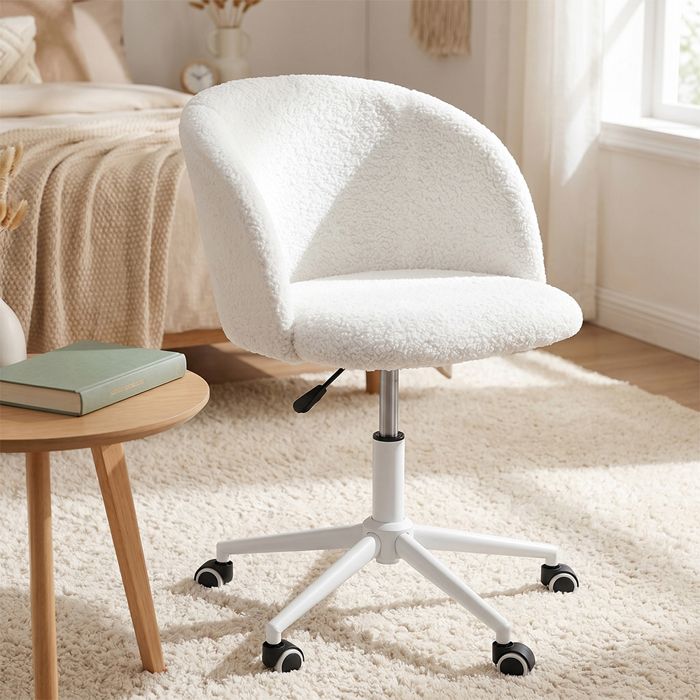 Chaise À Dossier Incurvé En Tissu Bouclette Sur Roulettes-Chaises De Salle À Manger-OHMG-Doux Et Confortable-55*55*81cm-Blanc