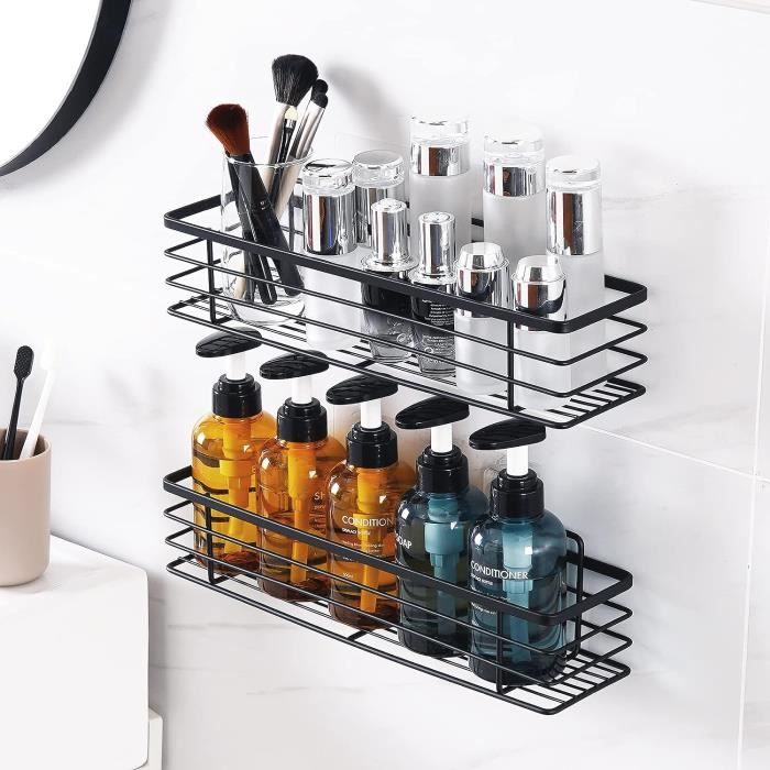 Étagère Salle De Bain 2 Pcs Noir - Rangement Douche Sans Percage Aluminium Avec Adhésif