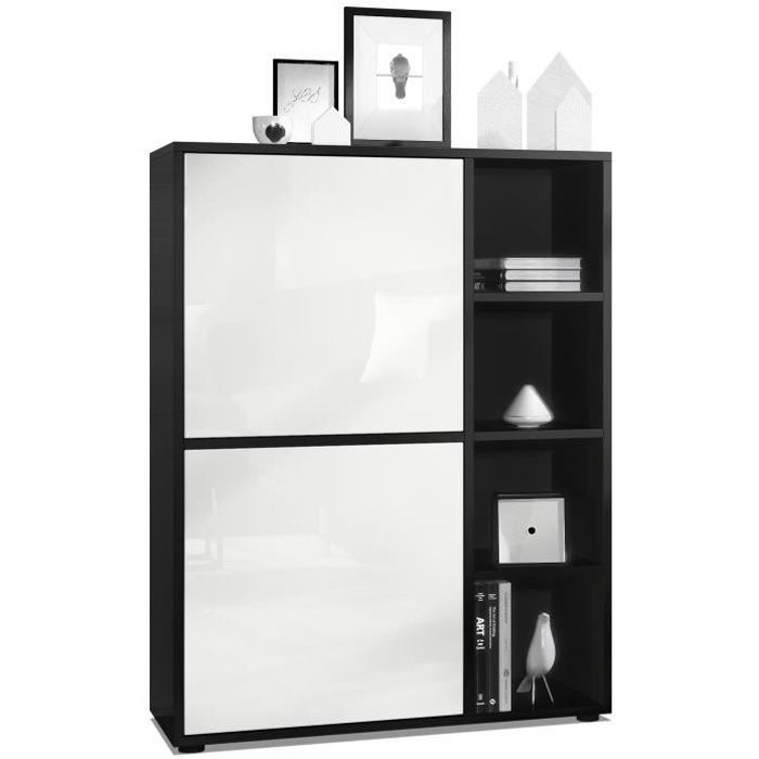 Credenza Cuba – 8 Ripiani, Bianco Opaco E Nero Lucido, Sistema Push-to-Open, 79x105,5x35,5 Cm, Per Soggiorno E Studio