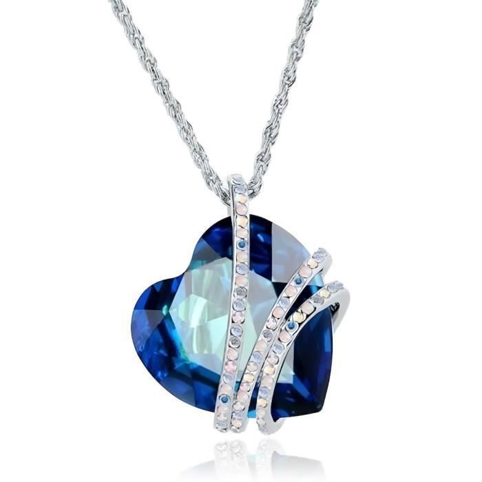 Collier Pendentif Coeur Cristal Swarovski Bleu Venise Amour