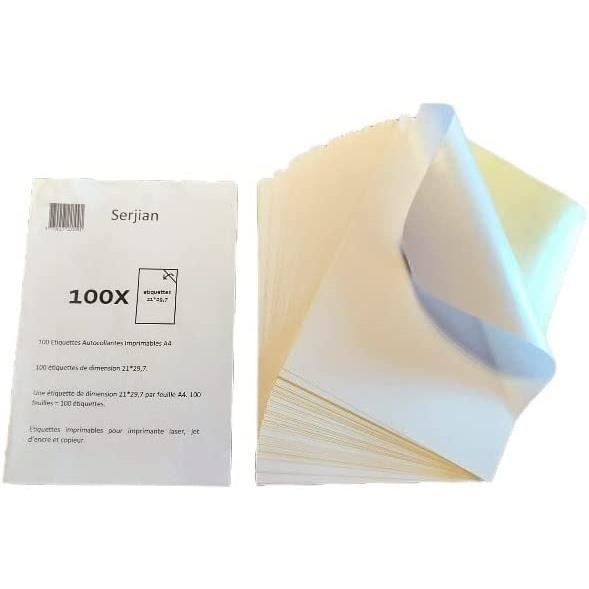 Etiquette autocollante A4 imprimable - 100 feuilles par paquet