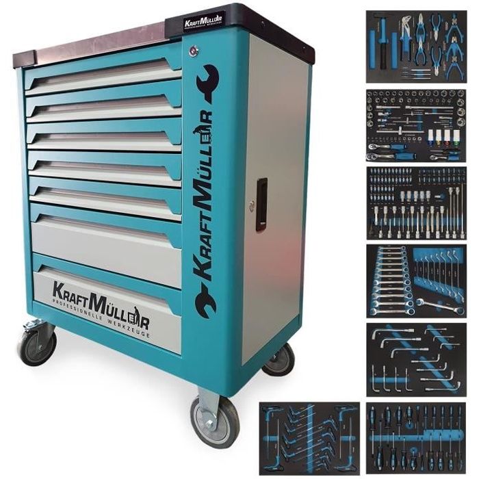 Kraft Muller KM-7/7-575PCSMAK Servante d'atelier 230 outils inclus - 7  tiroirs & 1 porte - Type chariot avec roulette - Bleu - Cdiscount Bricolage