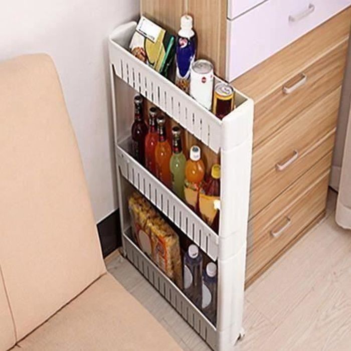 Desserte de cuisine - G0D1 - Chariot de rangement mobile - 3 étagères - Plastique blanc - Design contemporain