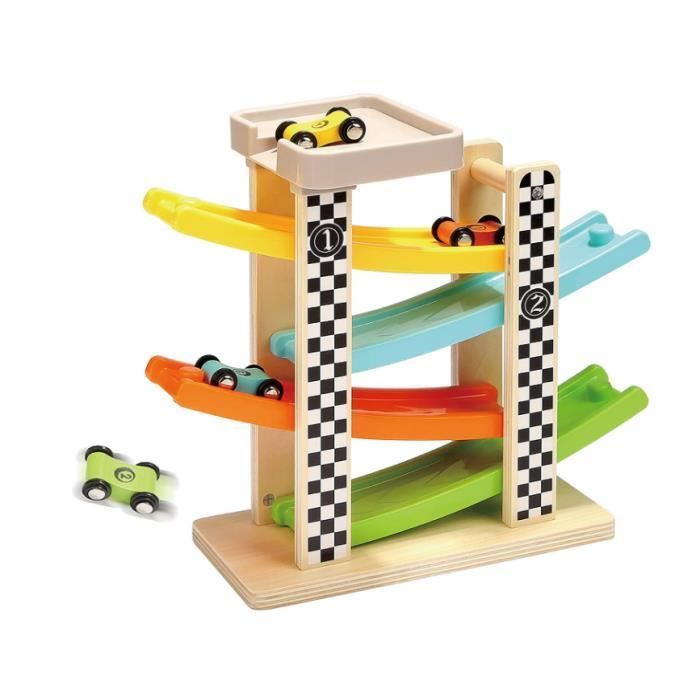 3 et 4 ans Circuit de voiture en bois pour enfants avec 4 mini voitures Piste de voiture pédagogique multicolore pour filles et garçons à partir de 1 2 