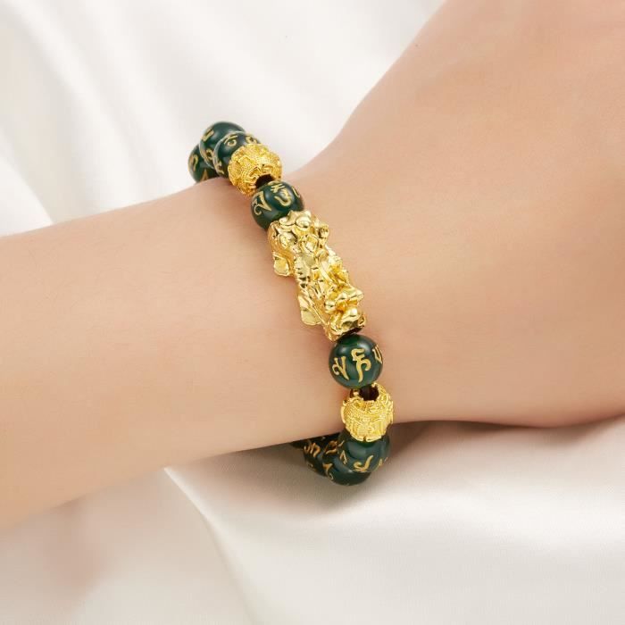 Bracelet Animal Légendaire Double Pixiu En Perles D'obsidienne Dorée - Pierre Naturelle - Neuf Sans Emballage
