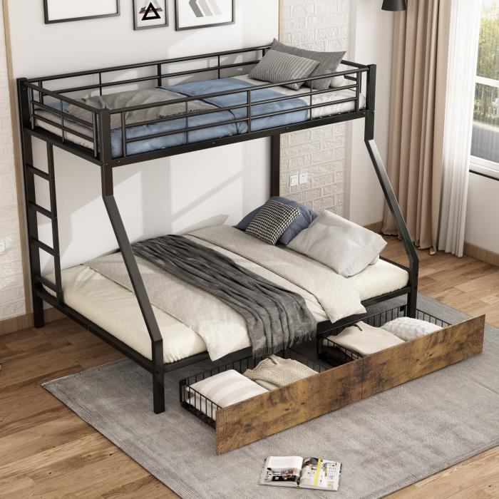 Lit Superposé 140x200cm Avec Bureau Et Tiroirs - Mezzanine Adulte/Ado, Bande LED