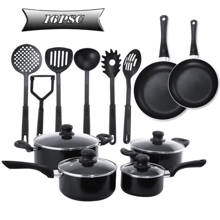 costway batterie de cuisine 16 pcs antiadhesif en aluminium ustensiles en nylon compatible avec induction et le lave vaisselle cdiscount maison