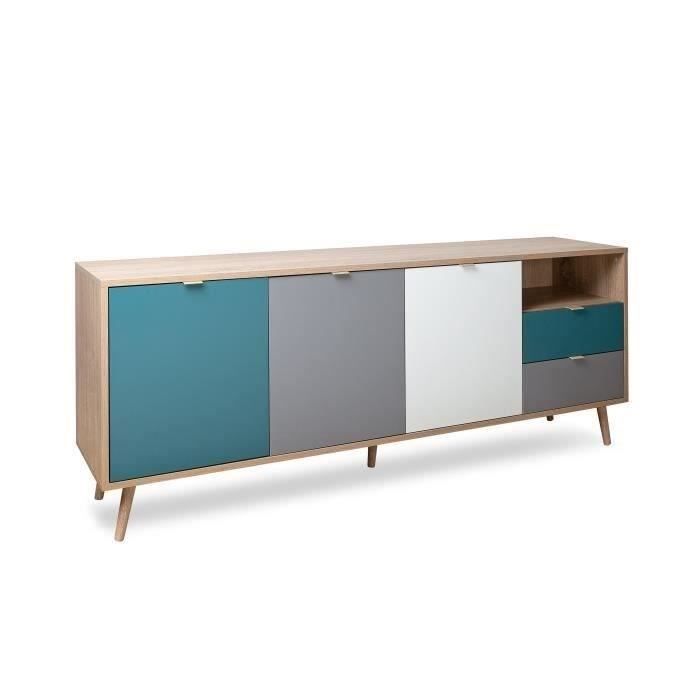 Buffet bas - Décor chêne sonoma et blanc - Style scandinave - 3 portes - CUBA - L 180 cm