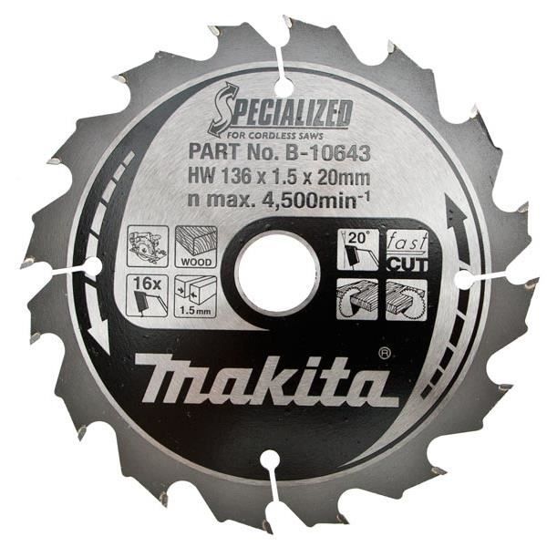 Lame carbure ''Specialized'' Bois MAKITA B 10643 pour scies circulaires 136mm x 20mm - vue 1