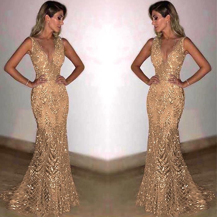 Robe Femmes De Soiree De Cocktail Longue Fendu Derriere Sexy Paillette Col Rond Sans Manches Sirene Fourreau Luxueux Haute Dore Cdiscount Pret a Porter
