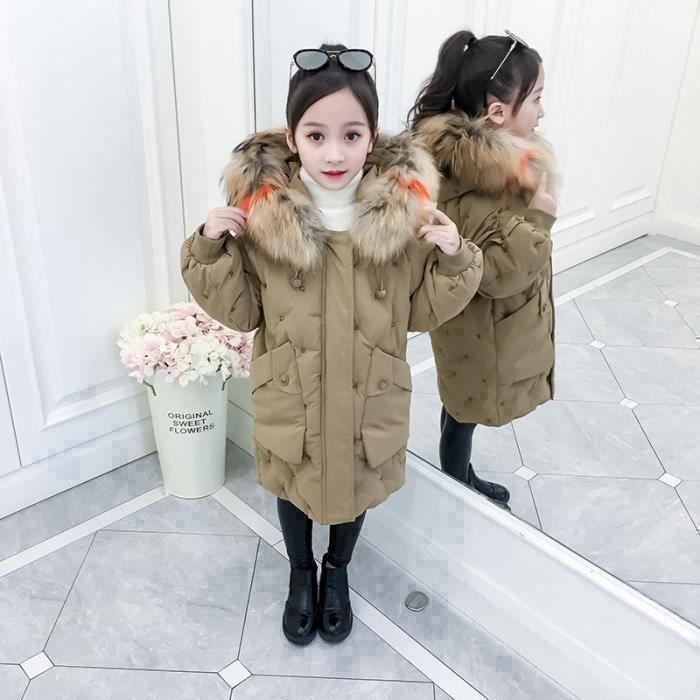 Doudoune Fille LEOCLOTHO a large col fourrure mi longue Kaki fonce