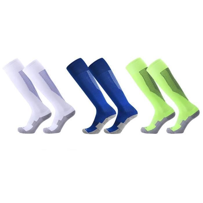 3 Paires Chaussettes de Football Enfant Chaussettes de Sport Protection Respirantes Antidérapant - Blanc/Bleu/Vert