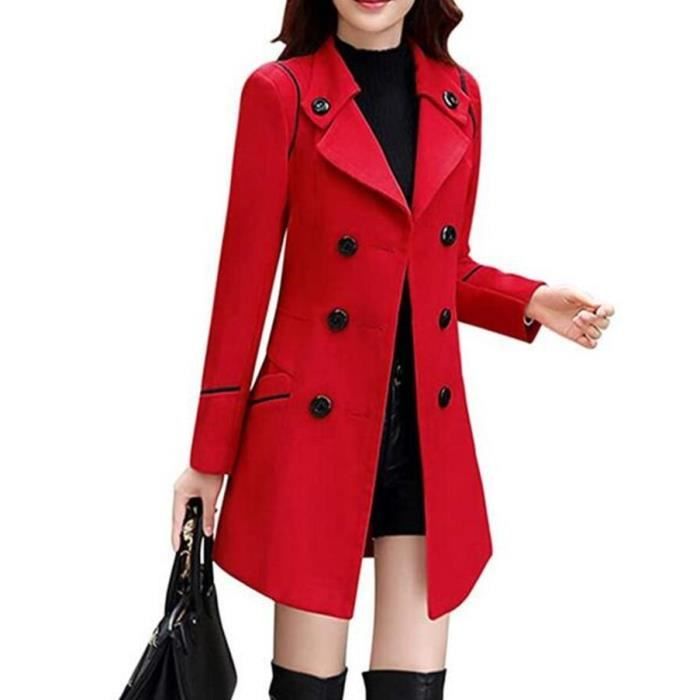 Manteau long droit ceinturé à boutons rouge femme