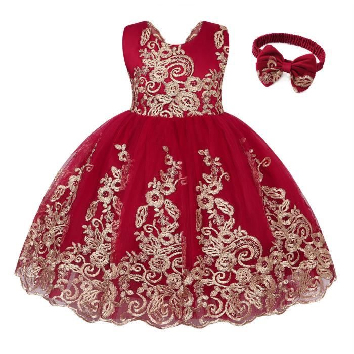 Amzbarley Robe Brod?�e Pour B?�b?� Fille Avec Superposition De Dentelle Et Grand N??ud Au Dos Rouge 