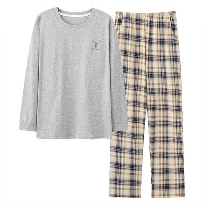 Pyjama Homme 2 Pi ces Vetements Nuit en Coton Uni Carreaux Manches