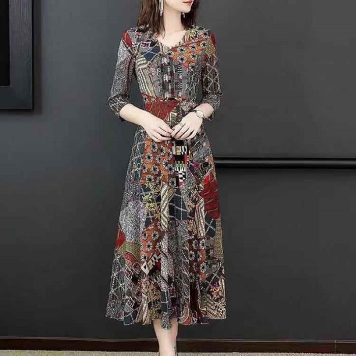 Robe longue a manches trois quarts a col en V pour femmes Robe