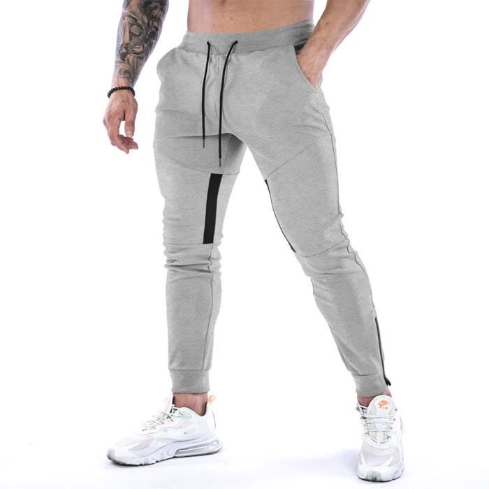 Survêtement Homme - Jogging Pantalon de Sport Coton avec Poche Zippée -  Gris - Fitness Running