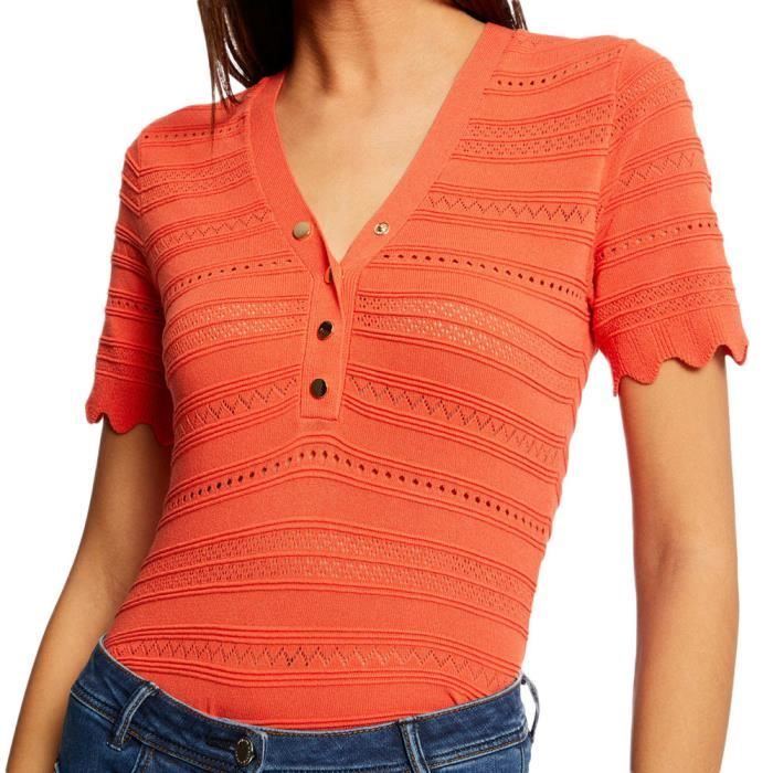 Pull Manches courtes Orange Femme Morgan ISHI Col V Maille fine Details ajoures Orange Cdiscount Pret a Porter