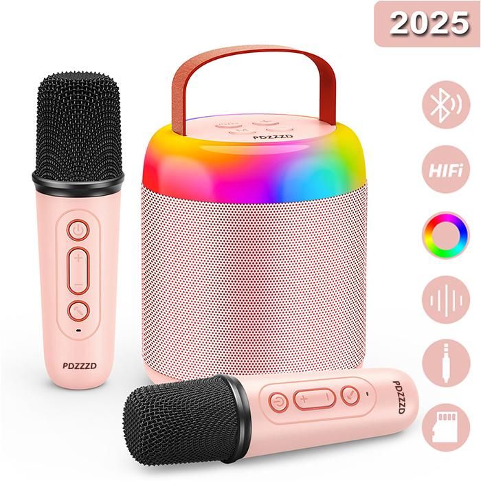 Micro Karaoké Enfant avec 2 Micros Sans Fil  Karaoké Protable Bluetooth 5.3 LED Lumières Enceinte Karaoke (Rose)