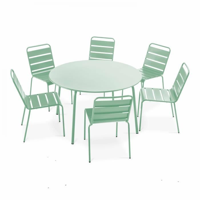 Ensemble table de jardin ronde et 6 chaises en métal vert sauge
