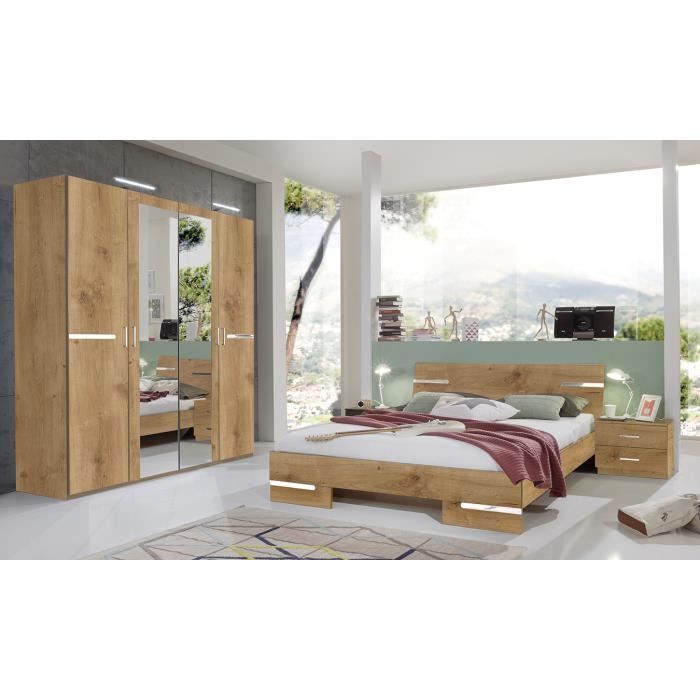 Chambre à coucher complète adulte MEGA (lit 180x200 cm + 2 chevets + armoire), coloris imitation chêne poutre-chrome brillant