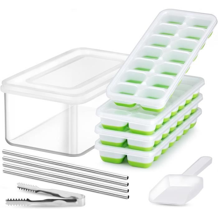 4 Bacs à Glaçons En Silicone Avec Couvercle – Sans BPA, Faciles à Démouler – Idéal Pour Cocktails, Jus, Glaces Maison – 2 Verts + 2 Bleus