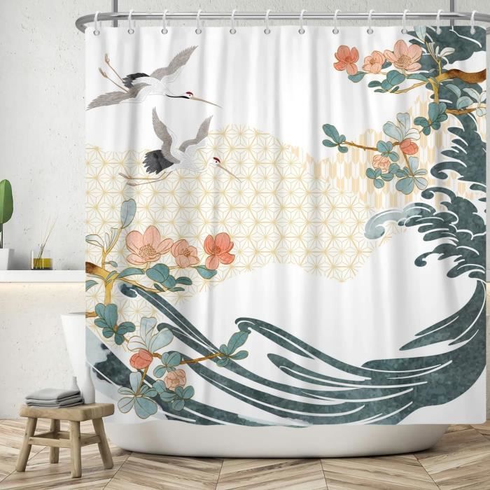 Rideau De Douche Vague Japonaise Kanagawa - 180x180cm, Imperméable Anti-Moisissure Avec 12 Crochets