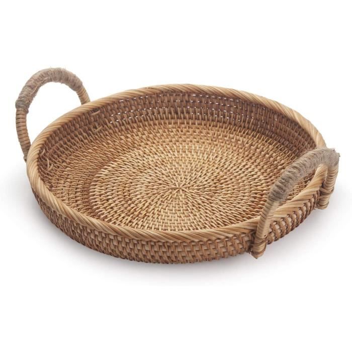 Corbeille à Pain Et Fruits En Osier Naturel - Plateau Rond Avec Poignées - Déco Et Service 28cm