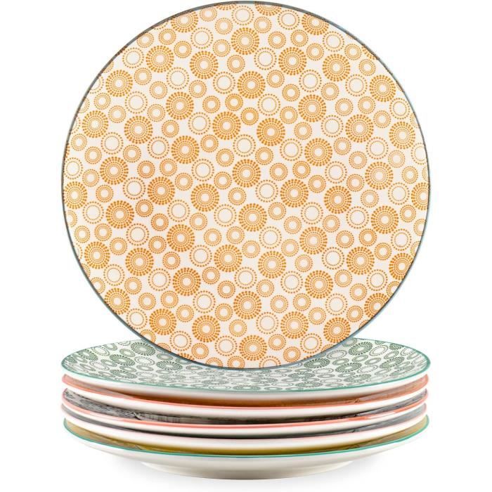 Henten Home Assiettes Plate Set, Assiette Coloré en Porcelaine 6 Pièces  pour 6 Personnes - 27cm, Lot de 6 Assiettes Multicolore pour  Dessert/Salade/Fruit/Gâteau - Style Bohème : : Cuisine et Maison