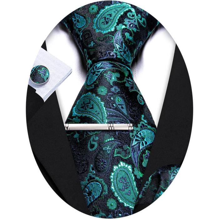 Cravate Rascot Avec Carré De Poche Assorti - Vert Foncé Et Noir Paisley Satiné - Neuf