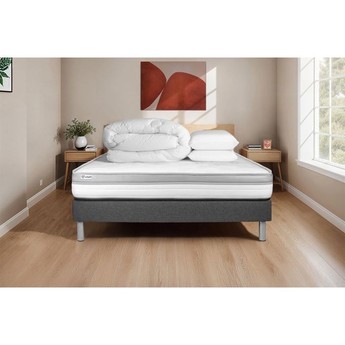 Pack lit complet 200x200 cm - Matelas + Sommier Gris (en kit) + 2 oreillers + Couette - Vital Relax Gris