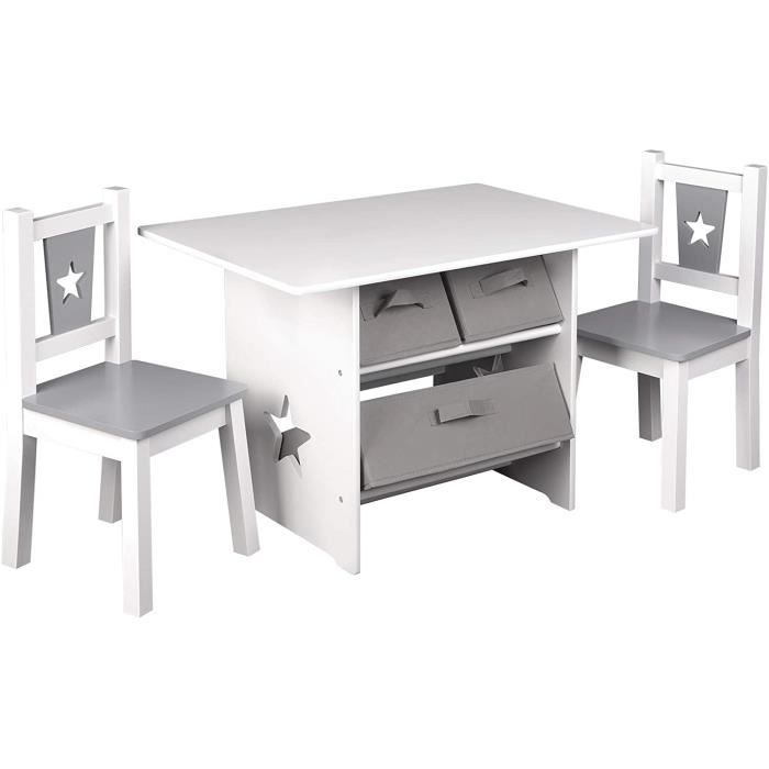 WOLTU Combinaison de table et chaises avec 3 paniers de Rangement1 x table + 2 chaises pour enfantsGris Blanc