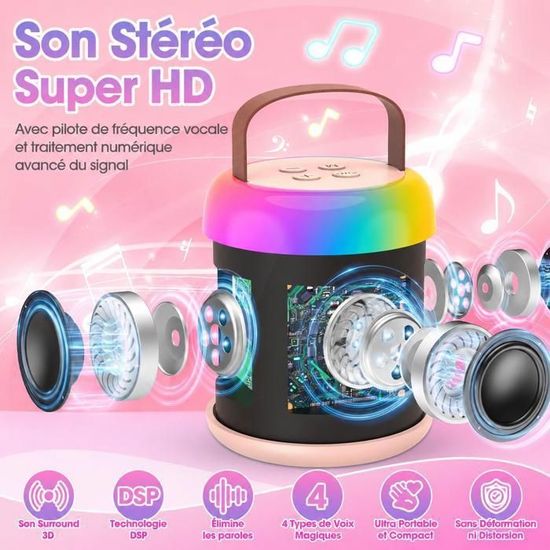 Micro Karaoké Enfant Bluetooth 5.3 Avec 2 Micros Sans Fil, Lumières LED Et Voix Magiques - Cadeau Fille Garçon 4-12 Ans (Rose)