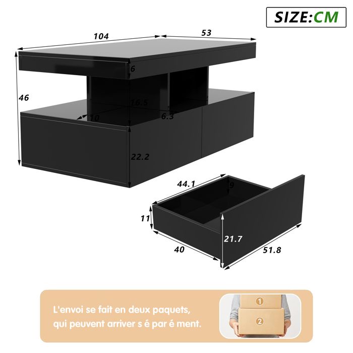 Table Basse LED Moderne Avec Rangement – Dimensions 97,5x48x45 Cm – Éclairage RGB 16 Couleurs, Plateau Brillant Noir