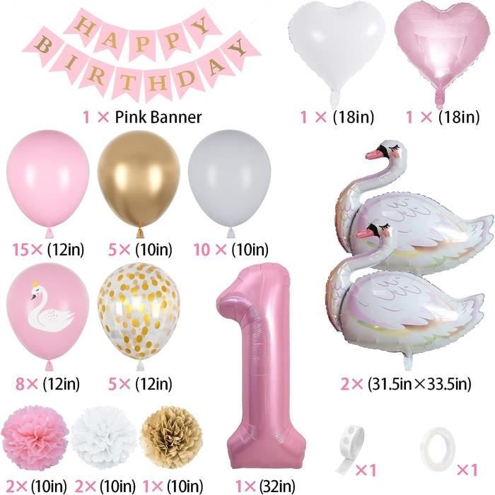 Déco Anniversaire 1 An Fille – Ballons Roses, Bannière, Nappe – Kit Complet – Fête Princesse Et Baby Shower