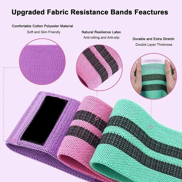 Set De 3 Bandes élastiques De Résistance – Tissu Antidérapant, 3 Niveaux (15-25, 25-35, 35-50 Lbs) – Pour Yoga, Pilates, Fessiers – Sac De Rangement Inclus