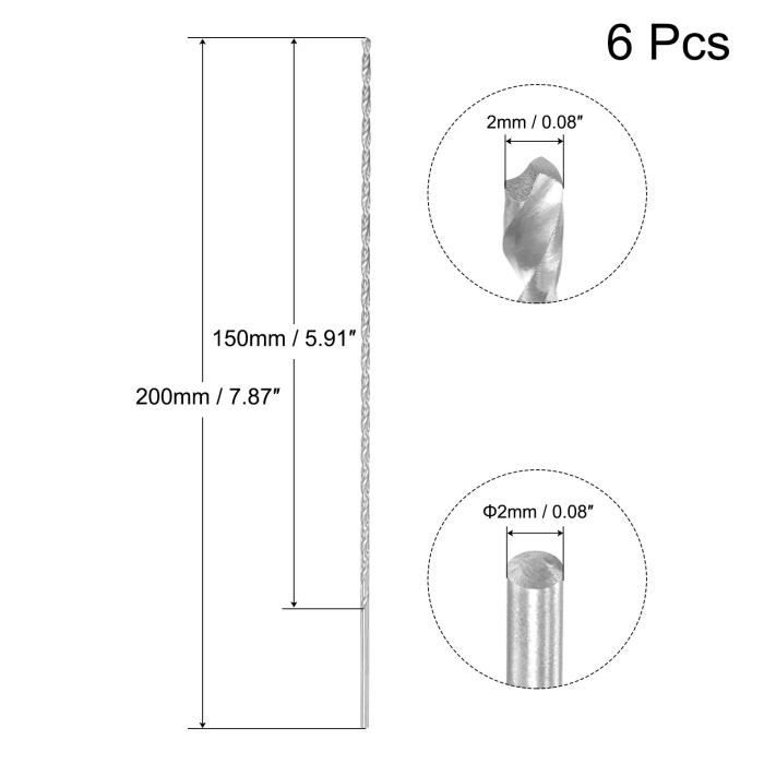 Pack De 6 Brocas Helicoidales HSS Extra Largas De 2 Mm De Diámetro Y 200 Mm De Longitud Total Para Metales Y Plásticos